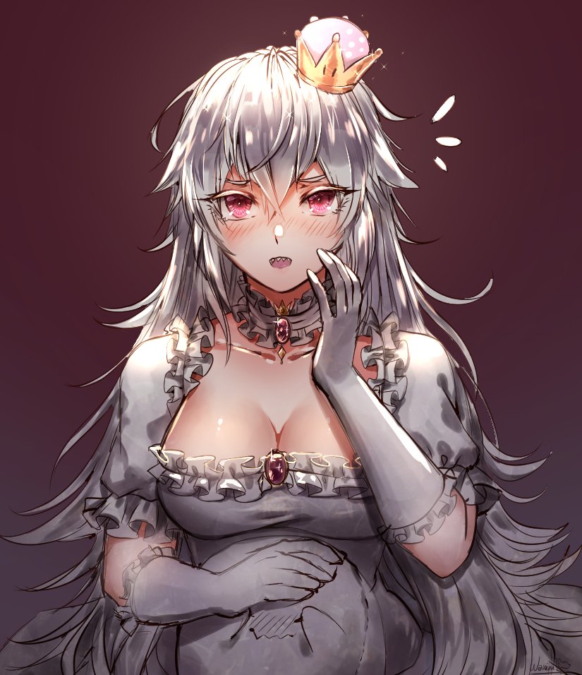1girl blush breasts cleavage crown dress embarrassed eyebrows_visible_through_hair gloves hair_between_eyes long_hair looking_at_viewer luigi's_mansion super_mario_bros. new_super_mario_bros._u_deluxe nintendo open_mouth princess_king_boo red_eyes solo super_crown wani_(fadgrith) white_dress white_gloves white_hair