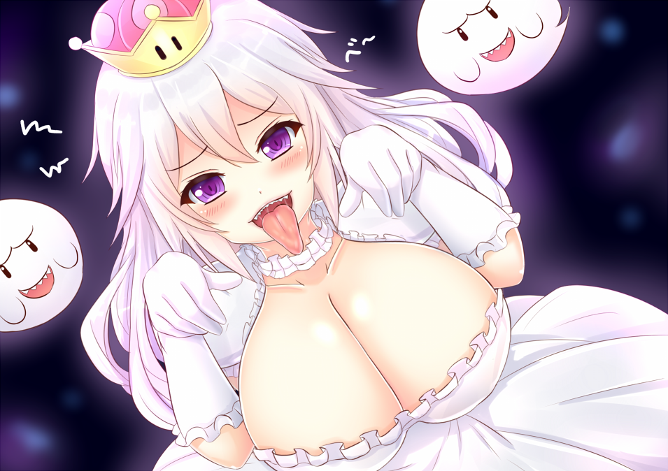 1girl blush breasts crown detached_sleeves fangs frilled_gloves frilled_sleeves frills from_above genderswap genderswap_(mtf) gloves kane-neko large_breasts long_hair looking_at_viewer luigi's_mansion super_mario_bros. new_super_mario_bros._u_deluxe nintendo nipples open_mouth princess_king_boo puffy_short_sleeves puffy_sleeves saliva short_sleeves super_crown tongue tongue_out violet_eyes white_gloves white_hair