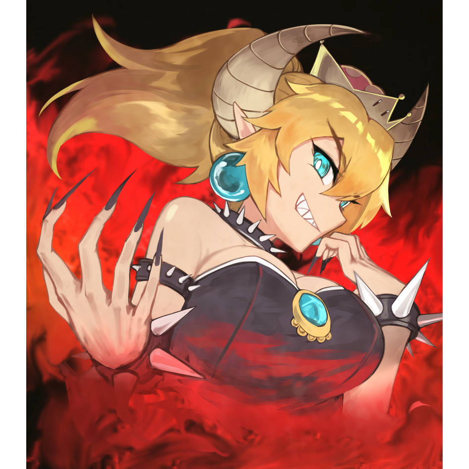 1girl black_dress black_nails blonde_hair blue_eyes bowsette bracelet breasts bright_pupils cleavage collar dress earrings fingernails fire grin hand_up horns jewelry large_breasts long_fingernails super_mario_bros. nail_polish new_super_mario_bros._u_deluxe nintendo pointy_ears ponytail sawawse sharp_fingernails sharp_teeth smile solo spiked_bracelet spiked_collar spikes teeth upper_body