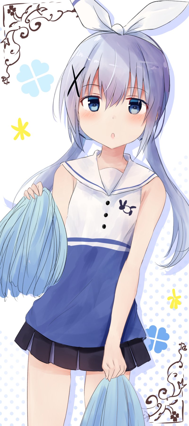 1girl :o animal_print bangs blue_eyes blush bunny_print cheerleader cowboy_shot eyebrows_visible_through_hair flat_chest gochuumon_wa_usagi_desu_ka? hair_between_eyes hair_ornament hairband highres holding kafuu_chino long_hair looking_at_viewer low_twintails miniskirt open_mouth pleated_skirt polka_dot polka_dot_background pom_poms sailor_collar shirt silver_hair skirt sleeveless sleeveless_shirt solo standing twintails x_hair_ornament yuki_(yukin0128)