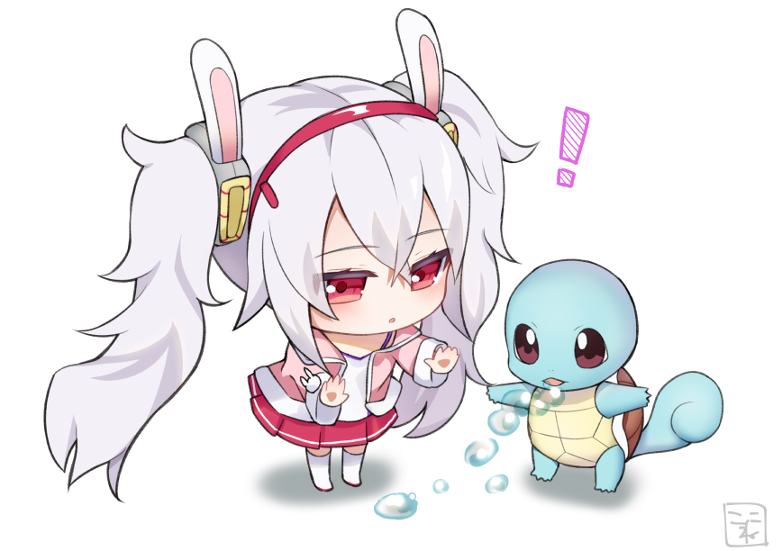 ! 1girl :o animal_ears azur_lane bangs camisole chibi commentary_request creatures_(company) eyebrows_visible_through_hair game_freak gen_1_pokemon hair_between_eyes hair_ornament hairband jacket koko_ne_(user_fpm6842) laffey_(azur_lane) long_hair long_sleeves looking_at_viewer nintendo open_clothes open_jacket outstretched_arms parted_lips pink_jacket pleated_skirt pokemon pokemon_(creature) rabbit_ears red_eyes red_hairband red_skirt sidelocks signature silver_hair skirt squirtle standing thigh-highs twintails very_long_hair water white_background white_camisole white_legwear