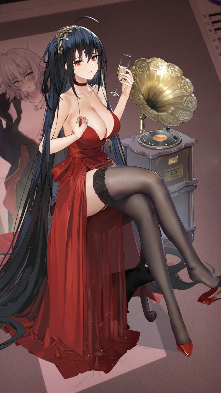 1girl alcohol azur_lane black_cat black_hair black_legwear breasts cat champagne champagne_flute cleavage cocktail_dress cup dress drinking_glass garter_straps high_heels highres large_breasts legs_crossed long_hair marisasu_(marisa0904) phonograph red_dress red_eyes shoes side_ponytail sitting smile stool taihou_(azur_lane) thigh-highs very_long_hair