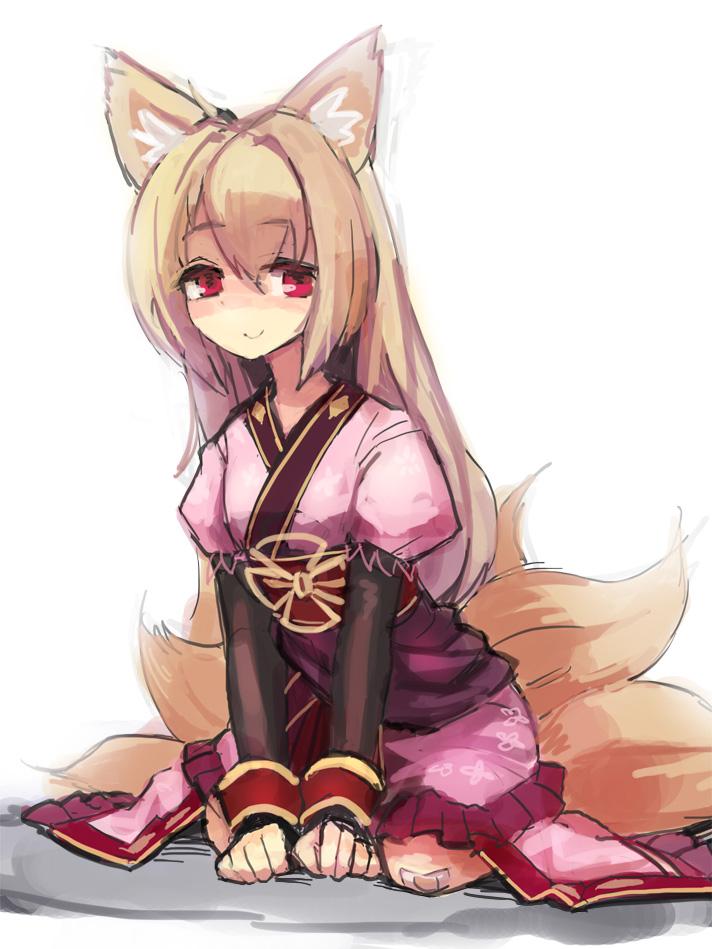 1girl bandaid bandaid_on_knee bee_(deadflow) blonde_hair closed_mouth commentary_request dress eyebrows_visible_through_hair fox_tail juliet_sleeves long_hair long_sleeves looking_at_viewer multiple_tails original pink_dress puffy_sleeves red_eyes seiza simple_background sitting smile solo tail white_background