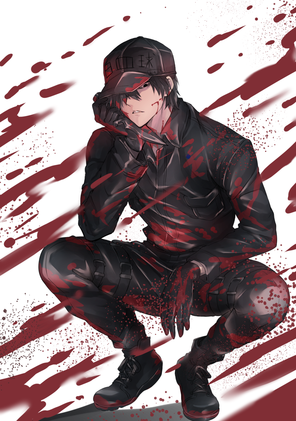 1boy alternate_color alternate_hair_color bangs black_footwear black_gloves black_hair black_hat black_jacket black_pants blood blood_on_face bloody_clothes boots clothes_writing cross-laced_footwear flat_cap full_body gloves hand_up hat hataraku_saibou highres holding holding_knife jacket knife lace-up_boots long_sleeves looking_at_viewer male_focus md5_mismatch melynx_(user_aot2846) pants parted_lips solo squatting white_background white_blood_cell_(hataraku_saibou)