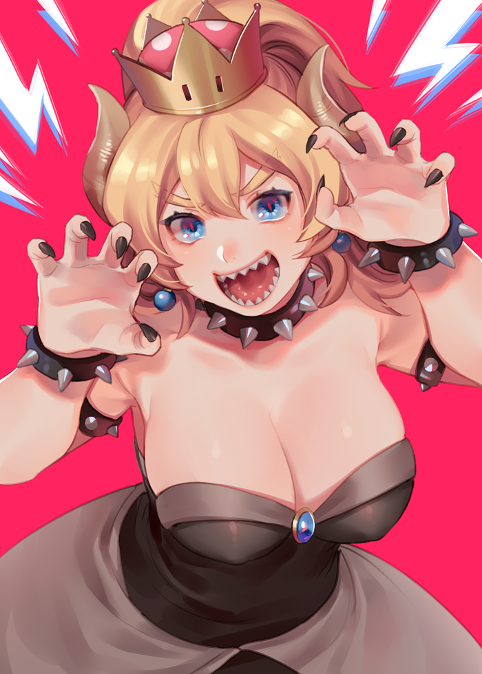 1girl armlet bare_shoulders black_nails blonde_hair blue_eyes bowsette bracelet breasts cleavage collar commentary_request crown eyebrows eyebrows_visible_through_hair horns jewelry large_breasts looking_at_viewer super_mario_bros. nail_polish new_super_mario_bros._u_deluxe nintendo open_mouth ponytail red_background rin2010 sharp_teeth short_hair simple_background solo spiked_armlet spiked_bracelet spiked_collar spikes super_crown teeth v-shaped_eyebrows