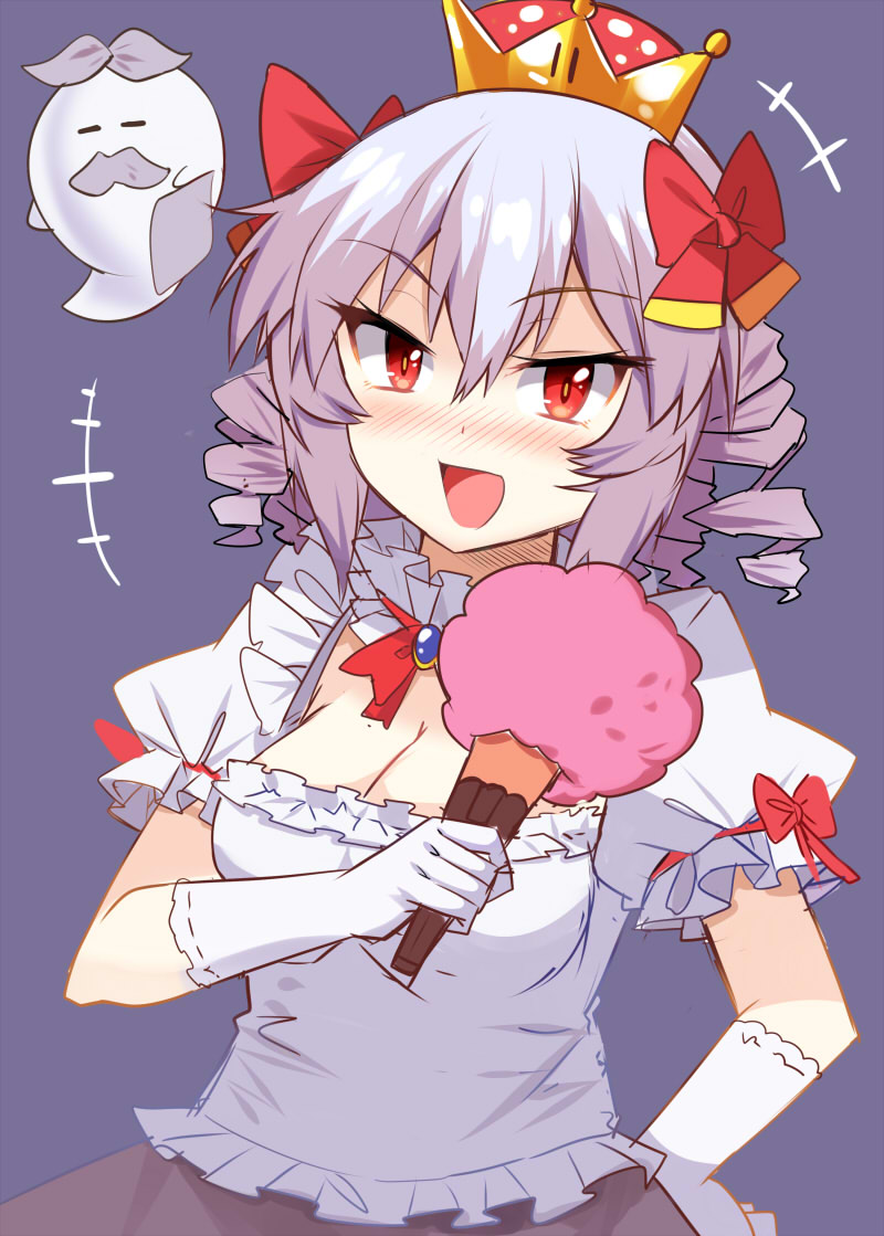 1girl :d =_= bangs blush boo bow breasts brooch cleavage collar commentary_request cotton_candy crown drill_hair e.o. eyebrows_visible_through_hair facial_hair food frilled_collar frilled_shirt frills gloves grey_skirt hair_between_eyes hair_bow hand_on_hip holding holding_food jewelry looking_at_viewer luigi's_mansion super_mario_bros. medium_breasts mini_crown mustache neck_ribbon new_super_mario_bros._u_deluxe nintendo nose_blush open_mouth puffy_short_sleeves puffy_sleeves purple_background red_bow red_eyes red_neckwear red_ribbon resaresa ribbon sebastian_(paper_mario) shirt short_hair short_sleeves silver_hair simple_background skirt smile solo super_crown white_collar white_gloves white_shirt
