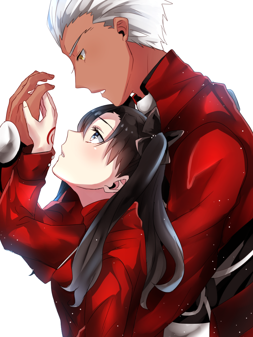 1boy 1girl archer black_bow black_hair blue_eyes bow couple eye_contact fate/stay_night fate_(series) from_side getsuyoubi hair_bow hand_holding long_hair looking_at_another looking_down looking_up parted_lips red_sweater silver_hair sweater tohsaka_rin twintails yellow_eyes