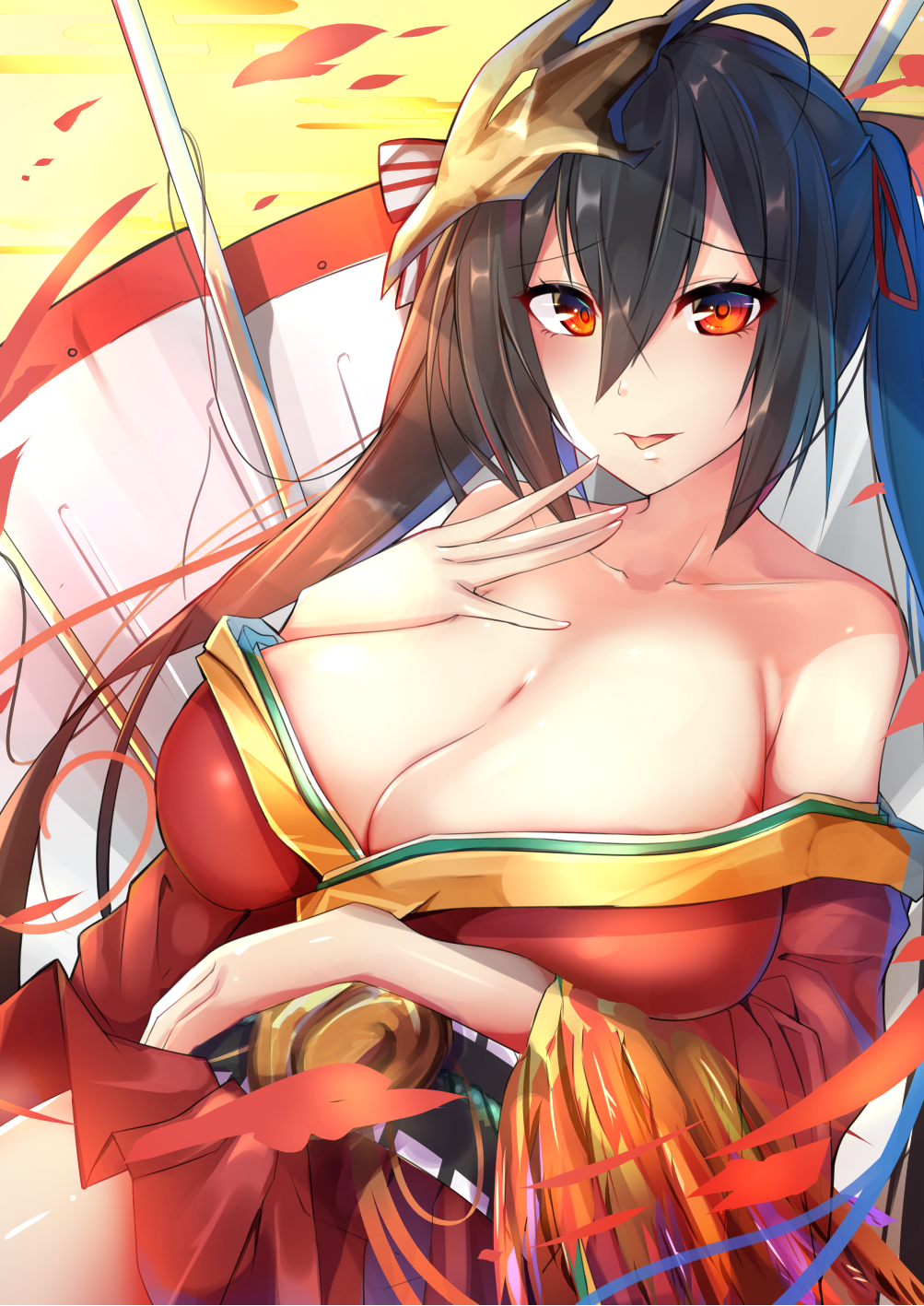 1girl ahoge azur_lane bangs bare_shoulders black_hair blush breasts cleavage collarbone eyebrows_visible_through_hair hair_between_eyes hair_ornament highres huge_breasts japanese_clothes kimono large_breasts long_hair long_sleeves looking_at_viewer obi racket_ti1 red_eyes sash smile solo taihou_(azur_lane) very_long_hair wide_sleeves