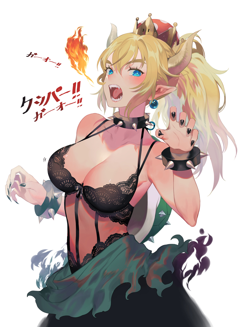 1girl black_bra black_nails blonde_hair blue_eyes blush bowsette bra bracelet breasts cleavage collar collarbone crown earrings fangs fingernails fire genderswap genderswap_(mtf) half-closed_eyes horns jewelry large_breasts lingerie looking_at_viewer super_mario_bros. nail_polish new_super_mario_bros._u_deluxe nintendo open_mouth pointy_ears ponytail salmon88 sharp_fingernails sharp_teeth simple_background solo spiked_bracelet spiked_collar spikes super_crown teeth text_focus tongue translated underwear white_background