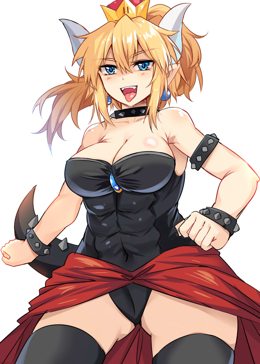 1girl :d abs armlet ass_visible_through_thighs bangs bare_arms bare_shoulders black_collar black_legwear black_leotard blonde_hair blue_eyes blush bowsette bracelet breasts brooch cape cleavage clenched_hands collar collarbone commentary_request cowboy_shot crown e.o. earrings eyebrows_visible_through_hair fangs hair_between_eyes highres horns jewelry large_breasts leotard long_hair looking_at_viewer super_mario_bros. mini_crown new_super_mario_bros._u_deluxe nintendo open_mouth pointy_ears ponytail red_cape simple_background smile solo spiked_armlet spiked_bracelet spiked_collar spikes standing strapless strapless_leotard super_crown super_mario_bros. tail thigh-highs thighs tongue tongue_out v-shaped_eyebrows waist_cape white_background