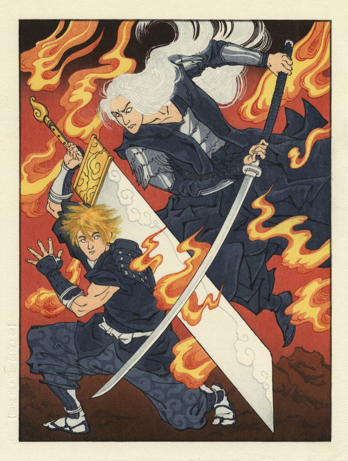 2boys action blonde_hair buster_sword cloud_strife final_fantasy final_fantasy_vii fine_art_parody fingerless_gloves fire gloves highres holding holding_sword holding_weapon huge_weapon jed_henry long_hair long_sleeves male_focus multiple_boys nihonga parody parted_lips patterned_clothing photo sephiroth short_hair short_sleeves silver_hair spiky_hair sword traditional_media ukiyo-e weapon