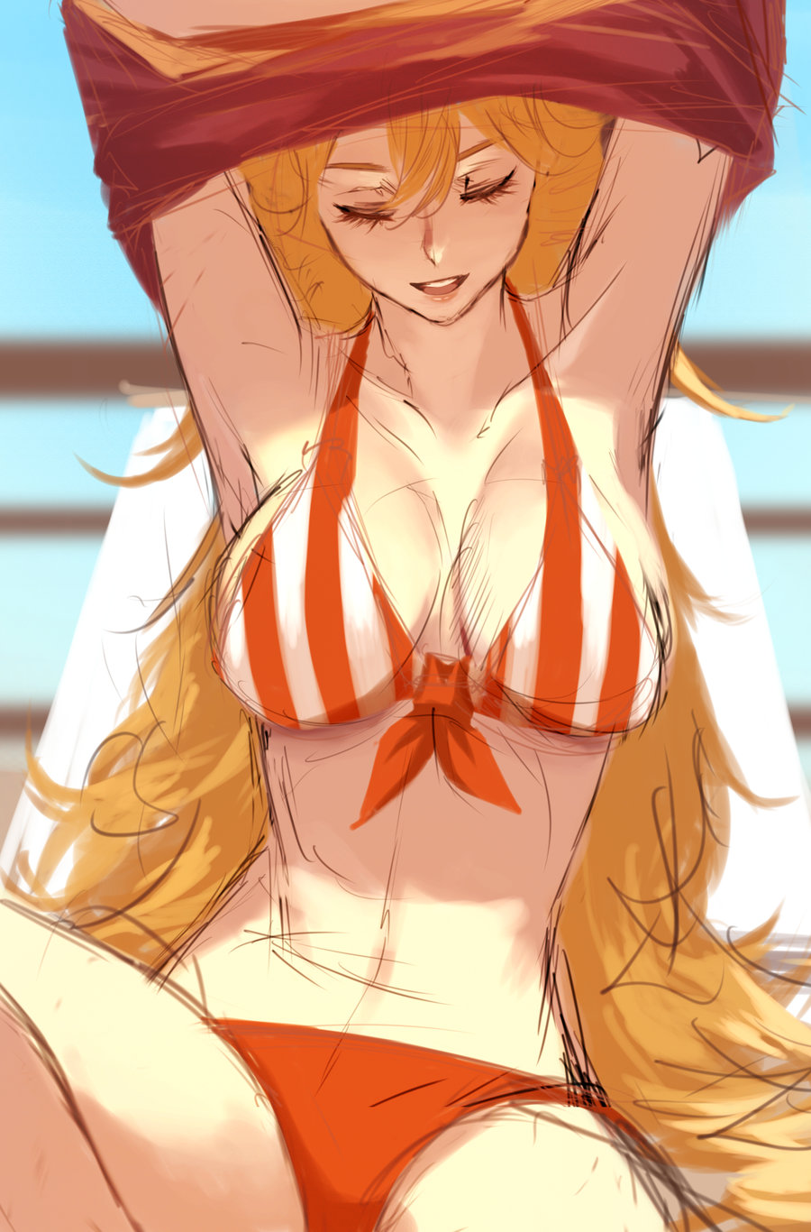 1girl armpits bikini blonde_hair breasts cleavage closed_eyes dishwasher1910 hair_ornament highres large_breasts long_hair navel rwby sketch solo striped striped_bikini swimsuit vertical_stripes very_long_hair yang_xiao_long