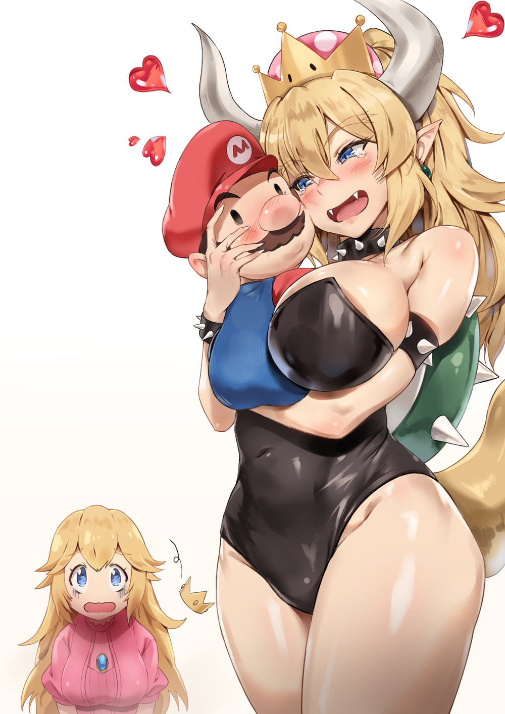1boy 2girls bare_shoulders between_breasts blonde_hair blue_eyes blush bowsette bracelet breasts brooch brown_hair cabbie_hat cheek-to-cheek cleavage collar commentary_request covered_navel cowboy_shot crown crown_removed depressed dress eyebrows_visible_through_hair facial_hair fangs hand_on_another's_face happy hat heart highleg highleg_leotard highres honey_yun horns hug jealous jewelry large_breasts leotard long_hair long_ponytail mario super_mario_bros. multiple_girls mustache new_super_mario_bros._u_deluxe nintendo nose nose_blush open_mouth pink_dress ponytail princess_peach puffy_short_sleeves puffy_sleeves red_hat sad shell shiny shiny_hair shiny_skin short_sleeves simple_background size_difference smile solid_oval_eyes spiked_bracelet spiked_collar spiked_shell spiked_tail spikes tail thighs tongue upper_body wavy_mouth white_background