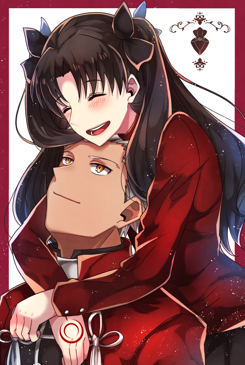 1boy 1girl archer black_bow black_hair blush bow closed_eyes couple eyebrows_visible_through_hair fate/stay_night fate_(series) getsuyoubi hair_bow highres hug hug_from_behind long_hair looking_up open_mouth orange_eyes red_sweater silver_hair smile sweater tohsaka_rin twintails