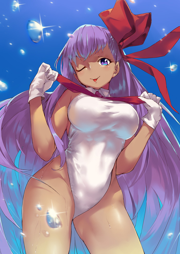 1girl bangs bb_(fate)_(all) bb_(swimsuit_mooncancer)_(fate) blush breasts fate/extra fate/extra_ccc fate/grand_order fate_(series) gloves hair_ribbon highleg highleg_leotard hips large_breasts leotard long_hair looking_at_viewer ohland one_eye_closed purple_hair red_ribbon ribbon smile solo tan thighs tongue tongue_out very_long_hair violet_eyes waist water_drop white_gloves white_leotard