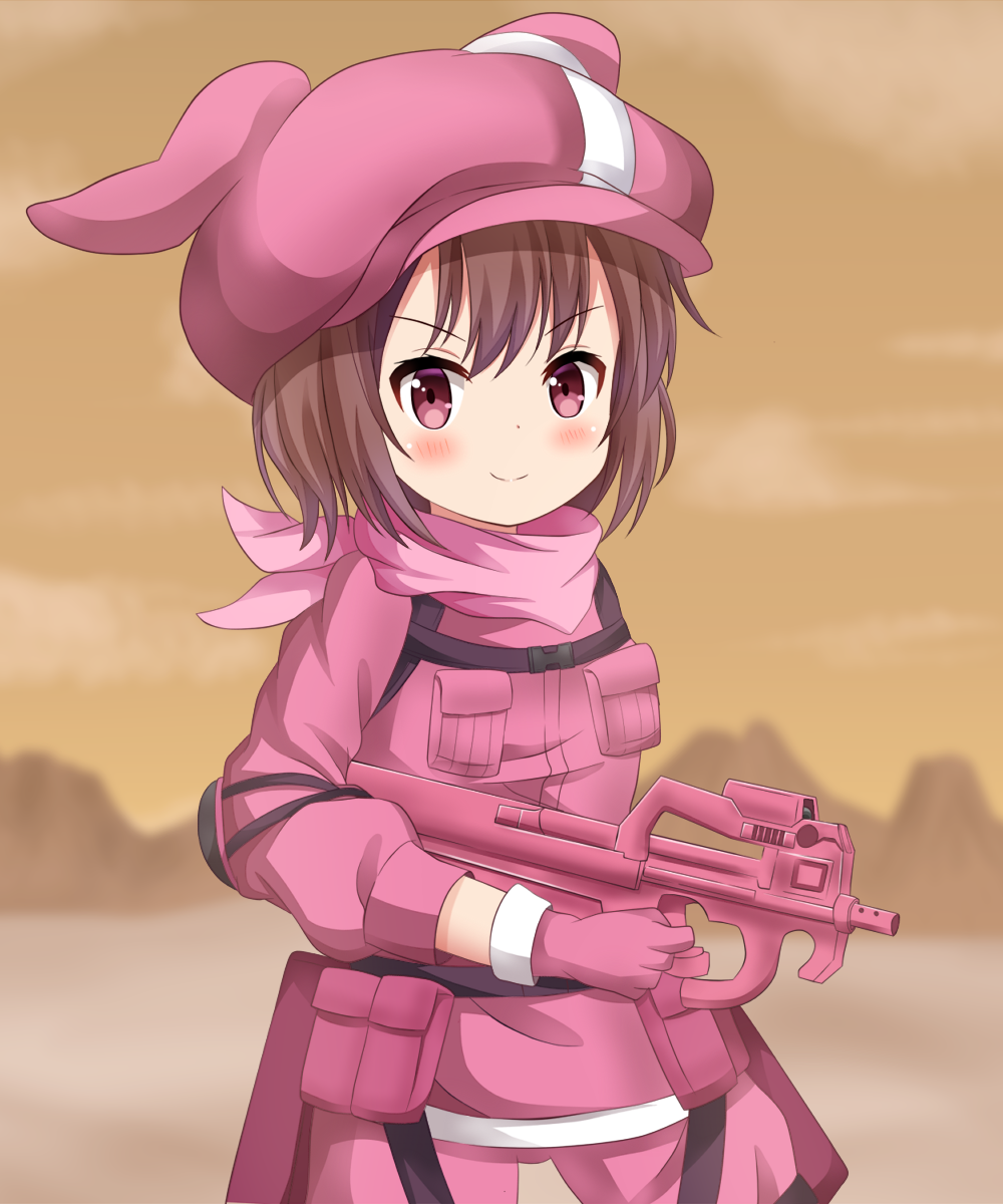 &gt;:) 1girl animal_ears animal_hat bandanna bangs blurry blurry_background blush brown_hair bullpup bunny_hat closed_mouth clouds commentary_request depth_of_field eyebrows_visible_through_hair finger_on_trigger gloves gun hat highres holding holding_gun holding_weapon jacket koyuki_(azumaya999) llenn_(sao) mountain outdoors p-chan_(p-90) p90 pants pink_bandana pink_gloves pink_hat pink_jacket pink_pants rabbit_ears red_eyes sky smile solo standing submachine_gun sword_art_online sword_art_online_alternative:_gun_gale_online v-shaped_eyebrows weapon