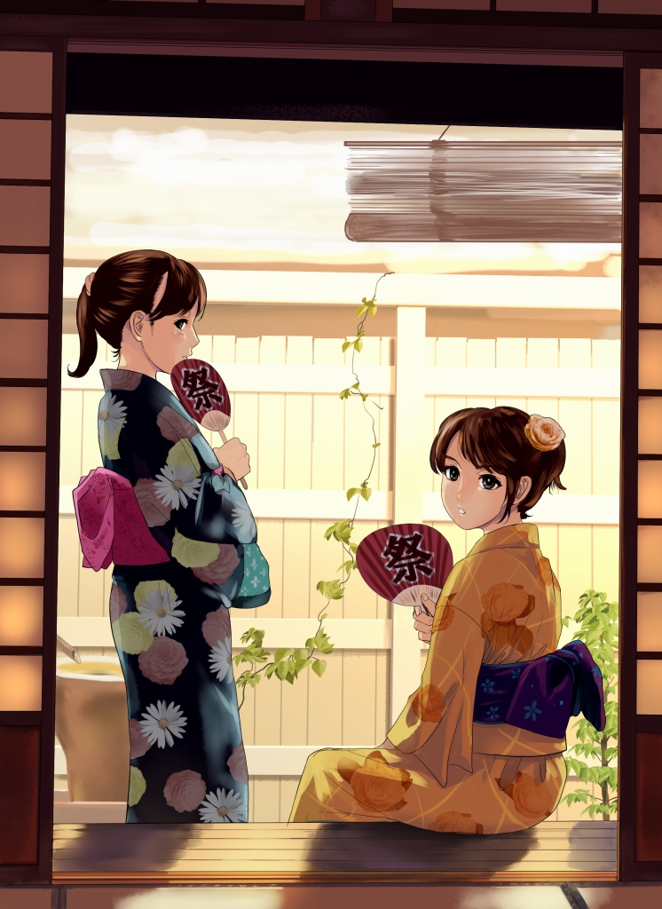 2girls black_eyes black_kimono brown_hair commentary_request fan fence fingernails floral_print flower from_behind hair_flower hair_ornament holding ivy japanese_clothes kimono looking_at_viewer looking_back multiple_girls munakata_(hisahige) orange_flower orange_kimono original paper_fan parted_lips plant ponytail porch potted_plant short_hair sitting uchiwa wooden_fence yukata