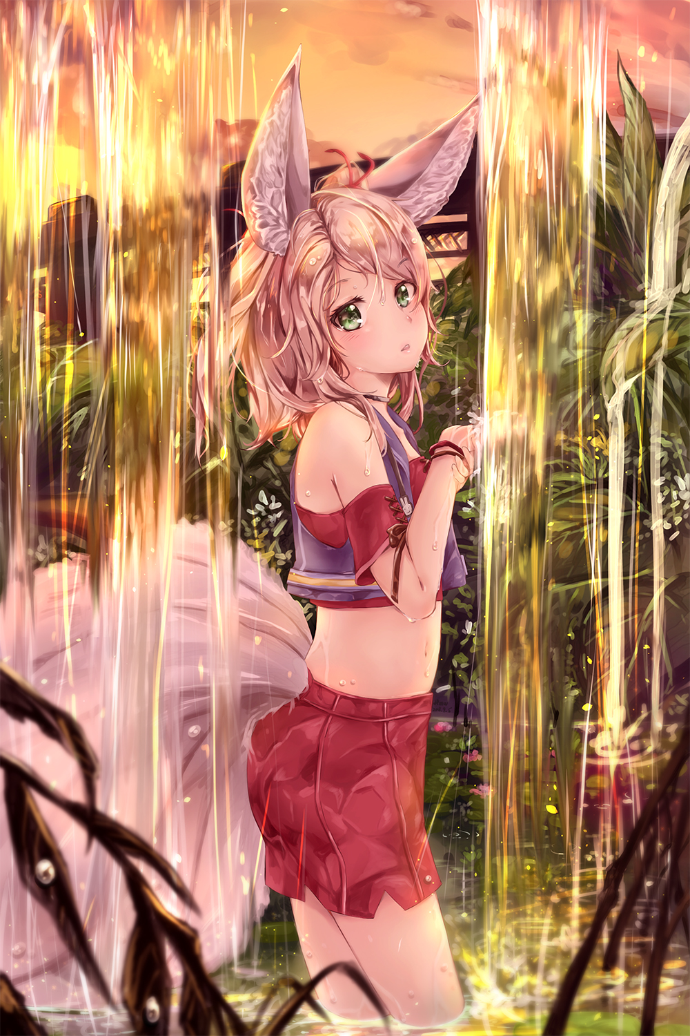 1girl animal_ears blade_&amp;_soul brown_hair clouds commission crop_top dusk fox_ears fox_tail from_side green_eyes highres hmw_(pixiv7054584) lyn_(blade_&amp;_soul) midriff multiple_tails navel outdoors red_shirt red_skirt shirt short_hair skirt sky solo tail two_side_up wading water waterfall
