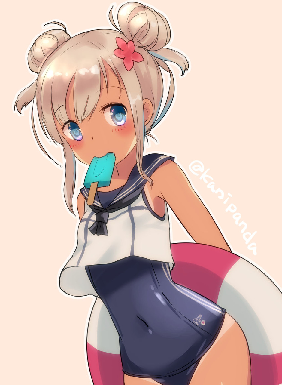 1girl alternate_hairstyle bangs blonde_hair blue_eyes blush commentary_request crop_top double_bun eating eyebrows_visible_through_hair flower food hair_between_eyes hair_flower hair_ornament highres kanipanda kantai_collection lifebuoy looking_at_viewer mouth_hold one-piece_swimsuit one-piece_tan popsicle ro-500_(kantai_collection) sailor_collar school_swimsuit simple_background solo swimsuit swimsuit_under_clothes tan tanline white_background