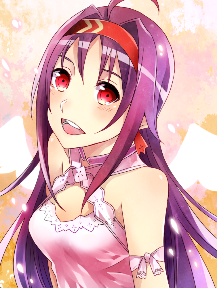 1girl :d ahoge arm_ribbon breasts cleavage_cutout getsuyoubi hair_between_eyes halterneck long_hair looking_at_viewer open_mouth purple_hair red_eyes red_headband ribbon shiny shiny_hair sleeveless small_breasts smile solo sword_art_online upper_body very_long_hair white_ribbon yuuki_(sao)