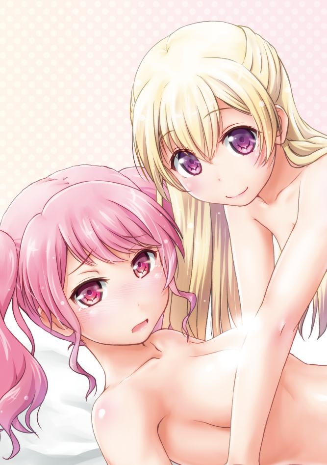 2girls ayama_yuiya bang_dream! bangs blonde_hair breasts closed_mouth eyebrows_visible_through_hair long_hair maruyama_aya multiple_girls open_mouth pink_eyes pink_hair shirasagi_chisato violet_eyes yuri