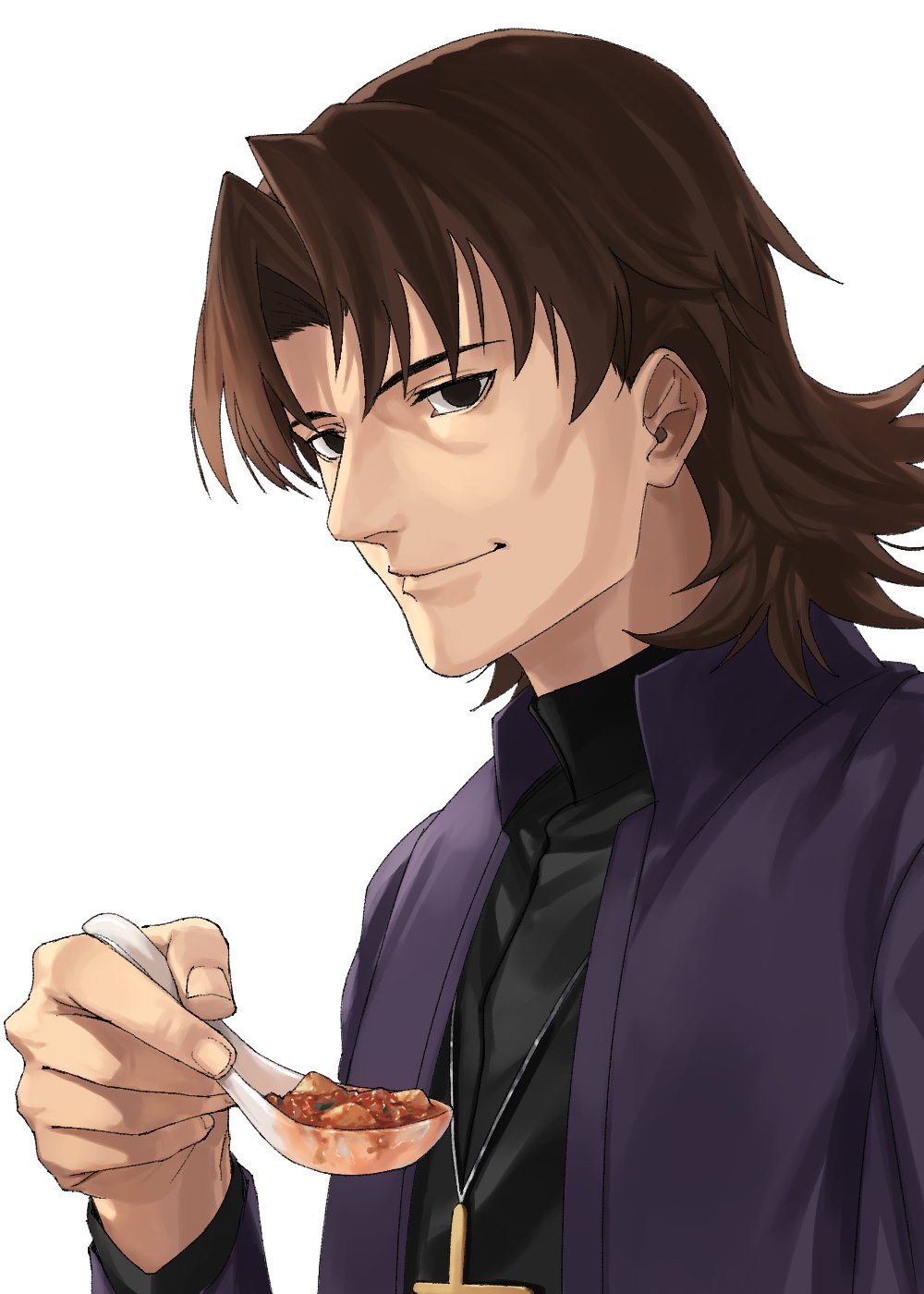 1boy bangs black_eyes black_shirt brown_hair closed_mouth coat cross cross_necklace fate/hollow_ataraxia fate_(series) food from_side highres holding jewelry kotomine_kirei latin_cross long_sleeves looking_at_viewer mapo_doufu necklace open_clothes open_coat parted_bangs purple_coat robe shirt simple_background smile solo spoon upper_body white_background zonotaida