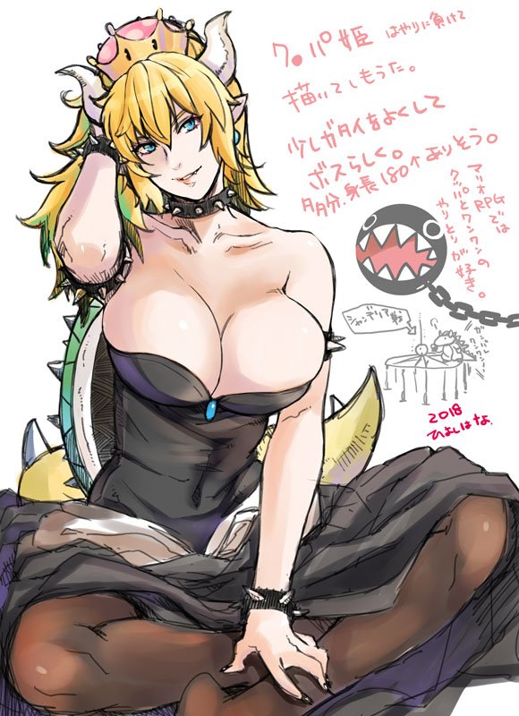 1girl armlet ball_and_chain bare_shoulders black_dress blonde_hair blue_eyes bowsette bracelet breasts cleavage collar crown doodle dress earrings hiyoshi_hana horns jewelry large_breasts super_mario_bros. nintendo pantyhose pointy_ears ponytail sharp_teeth spiked_bracelet spiked_collar spiked_shell spiked_tail spikes strapless strapless_dress super_crown super_mario_bros. tail teeth turtle_shell