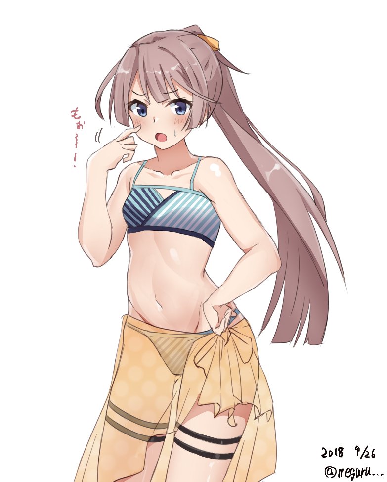 1girl alternate_costume bikini blue_eyes blush breasts brown_hair eyebrows_visible_through_hair hair_ribbon kantai_collection kazagumo_(kantai_collection) long_hair looking_at_viewer meguru_(megurunn) open_mouth ponytail ribbon sarong simple_background small_breasts solo swimsuit twitter_username white_background