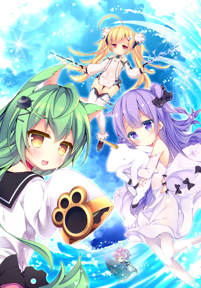 4girls :d ahoge akashi_(azur_lane) animal_ear_fluff animal_ears azur_lane bangs bare_shoulders black_bow black_ribbon black_sailor_collar blonde_hair blue_sky blush bow brown_eyes brown_footwear cat_ears character_request closed_mouth commentary_request day detached_sleeves dress eldridge_(azur_lane) electricity enjoy_mix eyebrows_visible_through_hair hair_between_eyes hair_bun hair_ribbon long_hair long_sleeves looking_at_viewer looking_back multiple_girls object_hug one_side_up open_mouth outdoors pantyhose pink_hair puffy_long_sleeves puffy_sleeves purple_hair red_eyes ribbon sailor_collar sailor_dress side_bun sky sleeveless sleeveless_dress sleeves_past_fingers sleeves_past_wrists smile stuffed_alicorn stuffed_animal stuffed_toy thigh-highs twintails unicorn_(azur_lane) very_long_hair violet_eyes water white_dress white_legwear