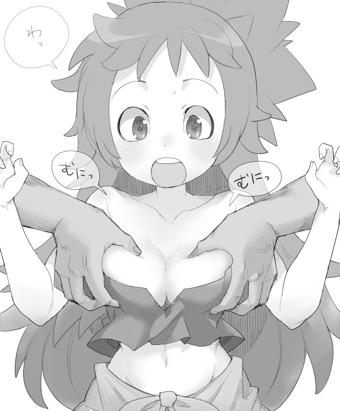 1boy 1girl :o blush breast_grab breasts cleavage crop_top grabbing greyscale henyaan_(oreizm) made_in_abyss medium_breasts midriff mitty_(made_in_abyss) mitty_(made_in_abyss)_(human) monochrome navel open_mouth solo solo_focus speech_bubble surprised sweatdrop text_focus translation_request
