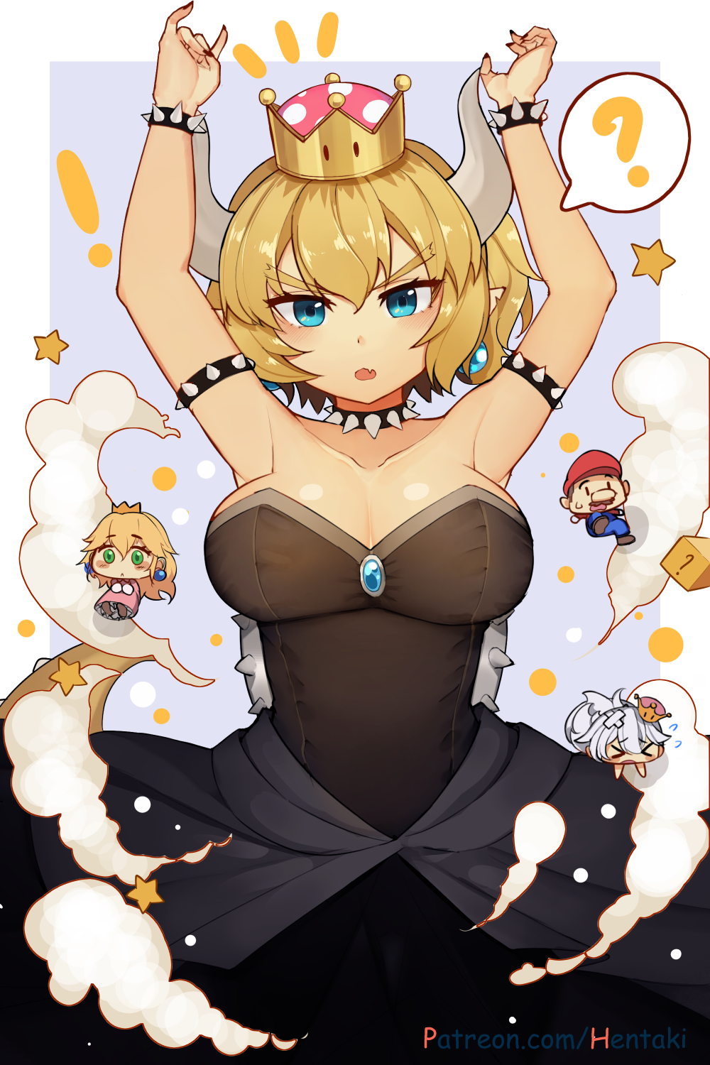 1boy 3girls ? aqua_eyes arms_up artist_name black_dress blonde_hair bowsette bracelet breasts brooch chibi collar collarbone commentary dress english_commentary eyes fang forked_tail hair_between_eyes hairband hentaki highres horns jewelry large_breasts mario super_mario_bros. multiple_girls new_super_mario_bros._u_deluxe nintendo open_mouth princess_king_boo princess_peach short_hair sleeveless sleeveless_dress smoke solo_focus speech_bubble spiked_bracelet spiked_collar spiked_tail spikes spoken_question_mark star strapless strapless_dress super_crown super_mario_bros. tail thick_thighs thighs