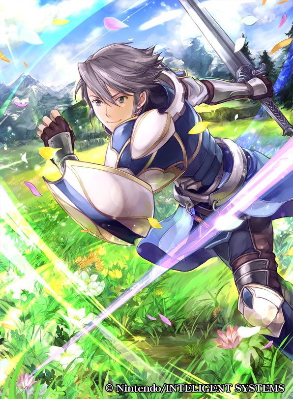 1boy arm_guards armor azur_(fire_emblem) belt black_pants blue_armor blue_coat blue_footwear boots clouds coat collarbone copyright_name day determined earrings fire_emblem fire_emblem:_kakusei fire_emblem_cipher flower grass grey_eyes grey_hair holding holding_sword holding_weapon jewelry knee_boots knee_pads lips male_focus mountain nintendo official_art pants petals running sheath shirt smile solo stud_earrings sunlight sword undershirt vambraces wada_sachiko weapon white_shirt