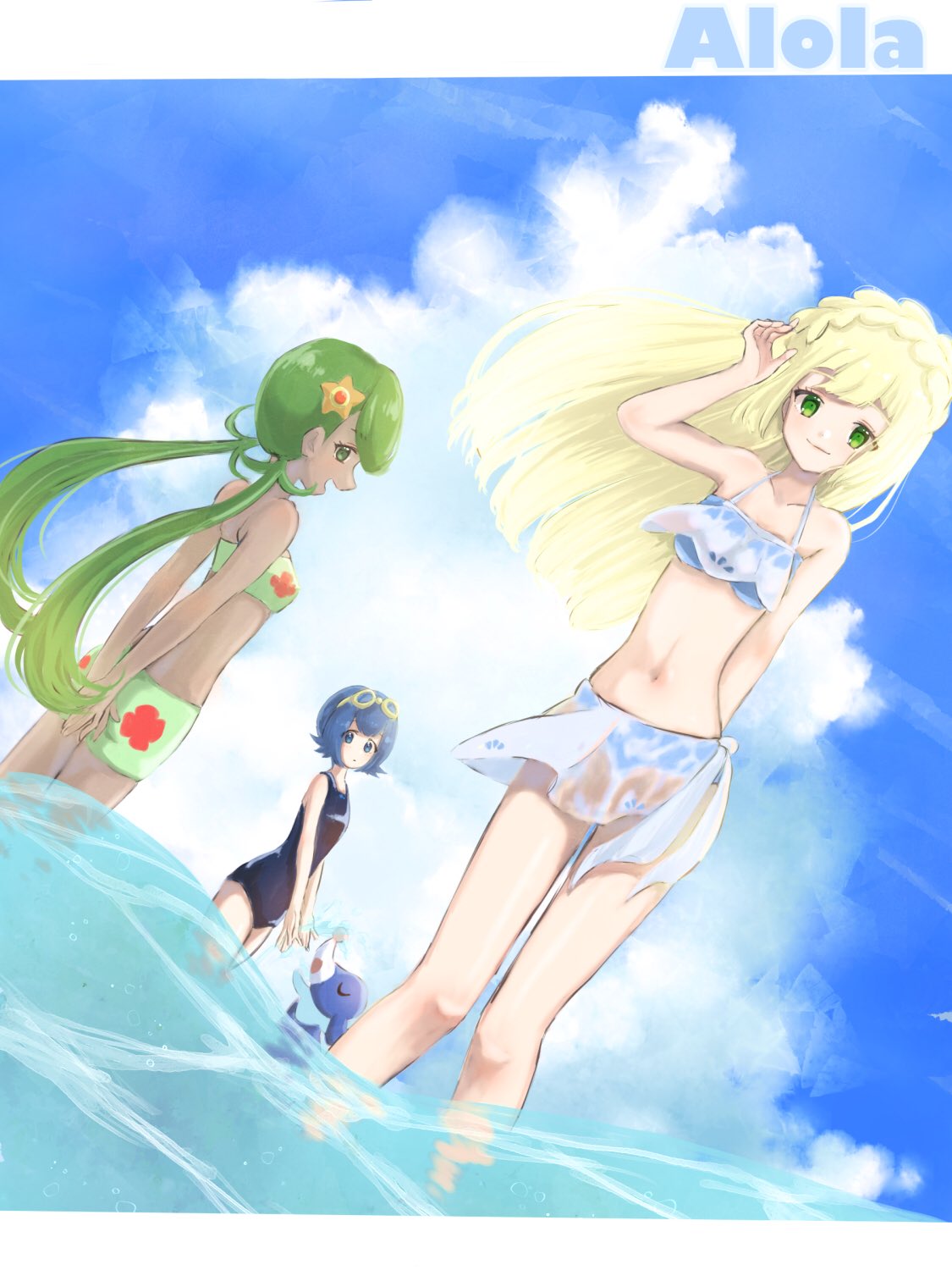 3girls arms_behind_back bikini blonde_hair blue_eyes blue_hair blue_sky braid closed_mouth clouds creatures_(company) crown_braid dark_skin day from_side game_freak gen_7_pokemon goggles goggles_on_head green_eyes green_hair hair_ornament highres lillie_(pokemon) long_hair looking_to_the_side mallow_(pokemon) multiple_girls myuuu_ay nintendo one-piece_swimsuit open_mouth outdoors pokemon pokemon_(anime) pokemon_(creature) pokemon_sm_(anime) popplio see-through short_hair sky standing suiren_(pokemon) swimsuit trial_captain twintails wading water