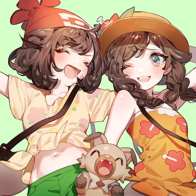 2girls :d ;d ^_^ aqua_background arm_behind_head arm_up arms_up bag bangs beanie blue_eyes blush braid brown_hair closed_eyes closed_eyes creatures_(company) fang floral_print flower game_freak gen_7_pokemon green_shirt hat hat_flower hibiscus long_hair mizuki_(pokemon) multiple_girls navel nintendo one_eye_closed open_mouth outstretched_arms pokemon pokemon_(creature) pokemon_(game) pokemon_sm pokemon_usum print_shirt red_flower red_hat ribbon rockruff shirt short_shorts short_sleeves shorts shoulder_bag simple_background smile strapless sun_hat swept_bangs tied_skirt twin_braids upper_body upper_teeth yellow_ribbon yellow_shirt zuizi