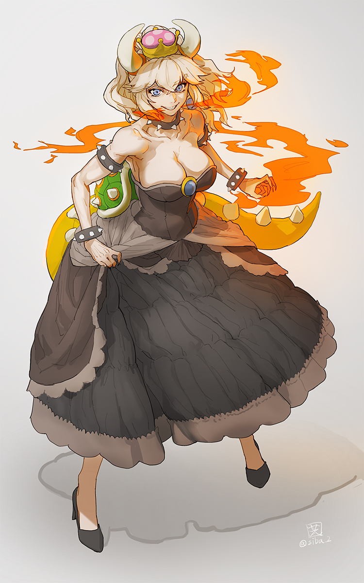 1girl bare_shoulders black_dress blonde_hair blue_eyes bowsette bracelet breasts breathing_fire cleavage collar collarbone dress earrings eyebrows_visible_through_hair fingernails fire grin hair_between_eyes hair_flaps high_heels highres horns jewelry large_breasts super_mario_bros. new_super_mario_bros._u_deluxe nintendo shadow sharp_fingernails sharp_teeth shell shiba_itsuki signature skirt_hold smile solo spiked_armlet spiked_bracelet spiked_collar spiked_tail spikes strapless strapless_dress super_crown teeth twitter_username