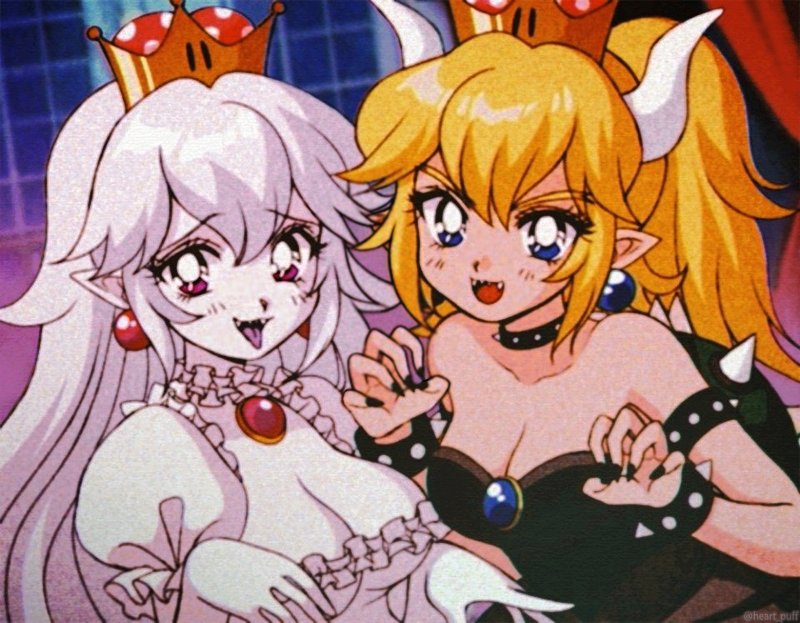 2girls 90s :d bare_shoulders black_nails blonde_hair blue_eyes bowsette bracelet breasts brooch claw_pose collar commentary_request crown dress earrings eyebrows_visible_through_hair fangs ghost gloves horns jewelry long_hair luigi's_mansion super_mario_bros. medium_breasts mini_crown multiple_girls nail_polish new_super_mario_bros._u_deluxe nintendo oldschool open_mouth pikiru pointy_ears ponytail princess_king_boo puffy_short_sleeves puffy_sleeves purple_tongue sharp_teeth short_sleeves smile spiked_armlet spiked_bracelet spiked_collar spiked_shell spikes super_crown takeuchi_naoko_(style) teeth tongue turtle_shell v-shaped_eyebrows violet_eyes white_dress white_gloves white_hair white_skin