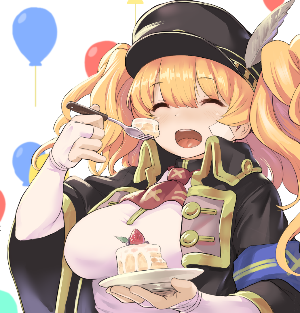 1girl ^_^ ^o^ armband balloon bandaid bandaid_on_face bangs black_coat black_hat blonde_hair blush breasts bridal_gauntlets brown_neckwear cake closed_eyes closed_eyes coat collared_coat eyebrows_visible_through_hair facing_viewer food fork fruit gloves granblue_fantasy hair_between_eyes hat hat_feather holding holding_fork holding_plate kztk large_breasts long_hair monica_weisswind open_clothes open_coat open_mouth peaked_cap plate shiny shiny_hair shirt sidelocks solo strawberry tongue twintails upper_body white_background white_shirt wide_sleeves wing_collar