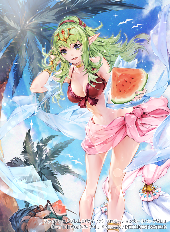 1girl animal bangs bikini bird blue_sky breasts chiki cleavage clouds collar commentary_request company_connection copyright_name day fire_emblem fire_emblem:_kakusei fire_emblem_cipher food fruit green_eyes green_hair holding itou_misei jewelry long_hair looking_at_viewer mamkute medium_breasts navel nintendo official_art outdoors palm_leaf palm_tree pointy_ears sky solo sparkle swimsuit tiara tree