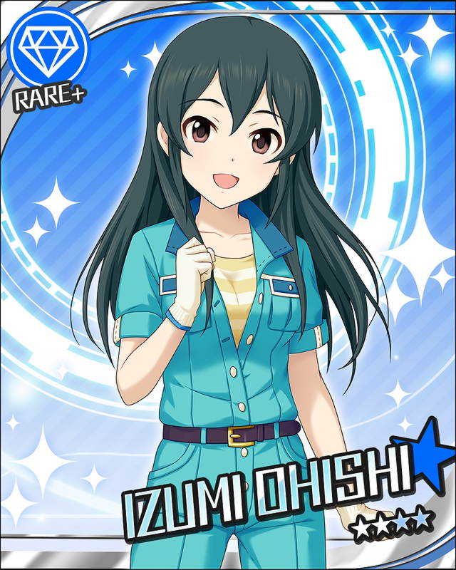 black_hair blush brown_eyes character_name dress idolmaster idolmaster_cinderella_girls long_hair ohishi_izumi smile stars