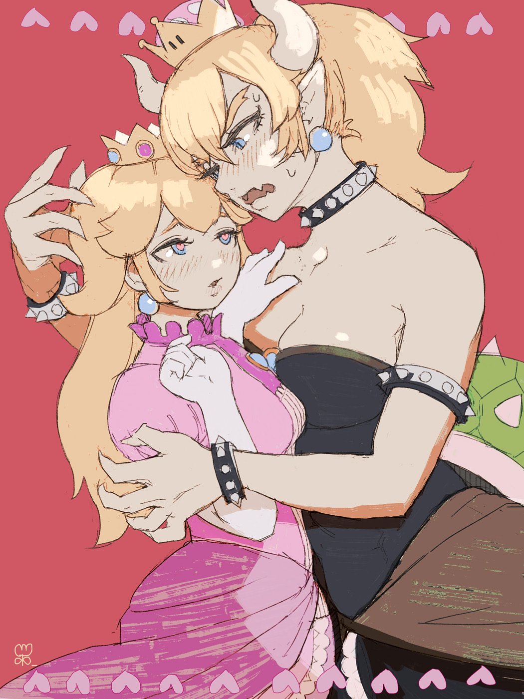 2girls armlet black_dress blonde_hair blue_eyes bowsette bracelet catcar0983 collar crown dress earrings heart highres horns hug jewelry super_mario_bros. multiple_girls new_super_mario_bros._u_deluxe nintendo pink_background pink_dress pointy_ears princess_peach sharp_teeth skirt spiked_bracelet spiked_collar spiked_shell spikes strapless strapless_dress super_crown teeth turtle_shell