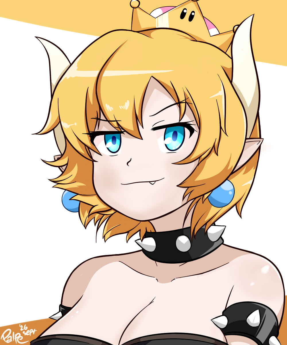 &gt;:3 black_collar blonde_hair blue_eyes bowsette crown earrings fang fang_out highres jewelry palpe self_upload short_hair simple_background smug solo spikes super_crown upper_body