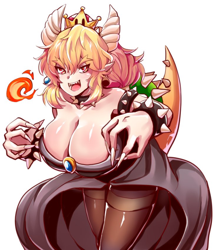 bare_shoulders bent_over black_dress blonde_hair blue_eyes bowsette bracelet breasts breathing_fire brooch cleavage collar collarbone commentary_request dress earrings eyebrows eyebrows_visible_through_hair fingernails fire foreshortening horns huge_breasts jewelry long_ponytail looking_at_viewer super_mario_bros. megato nail_polish new_super_mario_bros._u_deluxe nintendo open_clothes open_dress open_mouth outline pantyhose pointy_ears red_eyes sharp_fingernails sharp_teeth shiny shiny_clothes shiny_hair shiny_skin slit_pupils smile spiked_bracelet spiked_collar spiked_shell spiked_tail spikes strapless strapless_dress super_crown teeth thighband_pantyhose thighs white_nails wide_ponytail