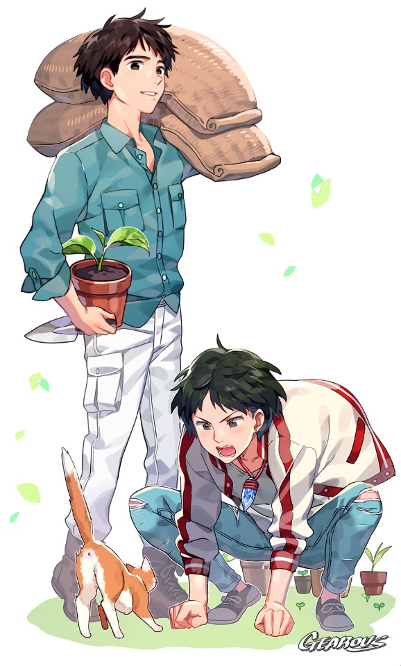 1boy 1girl all_fours artist_name ashitaka bag brown_eyes brown_hair cat collared_shirt contemporary denim gearous jacket jeans jewelry leaf mononoke_hime pants pendant plant potted_plant ripped_jeans san shirt smile