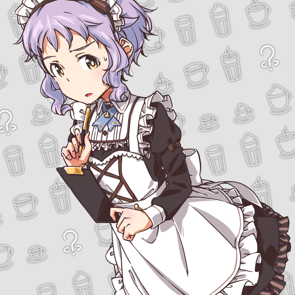 1girl ? apron black_dress black_hairband black_ribbon bolo_tie bright_pupils clipboard commentary_request cowboy_shot dress dutch_angle food_themed_background frilled_apron frilled_shirt_collar frills grey_background guriko_(mossari) hair_ribbon hairband holding holding_pen idolmaster idolmaster_million_live! long_sleeves maid_headdress makabe_mizuki open_mouth pen purple_hair ribbon shiny shiny_hair short_hair sidelocks solo sweatdrop thinking waitress white_apron wing_collar yellow_eyes