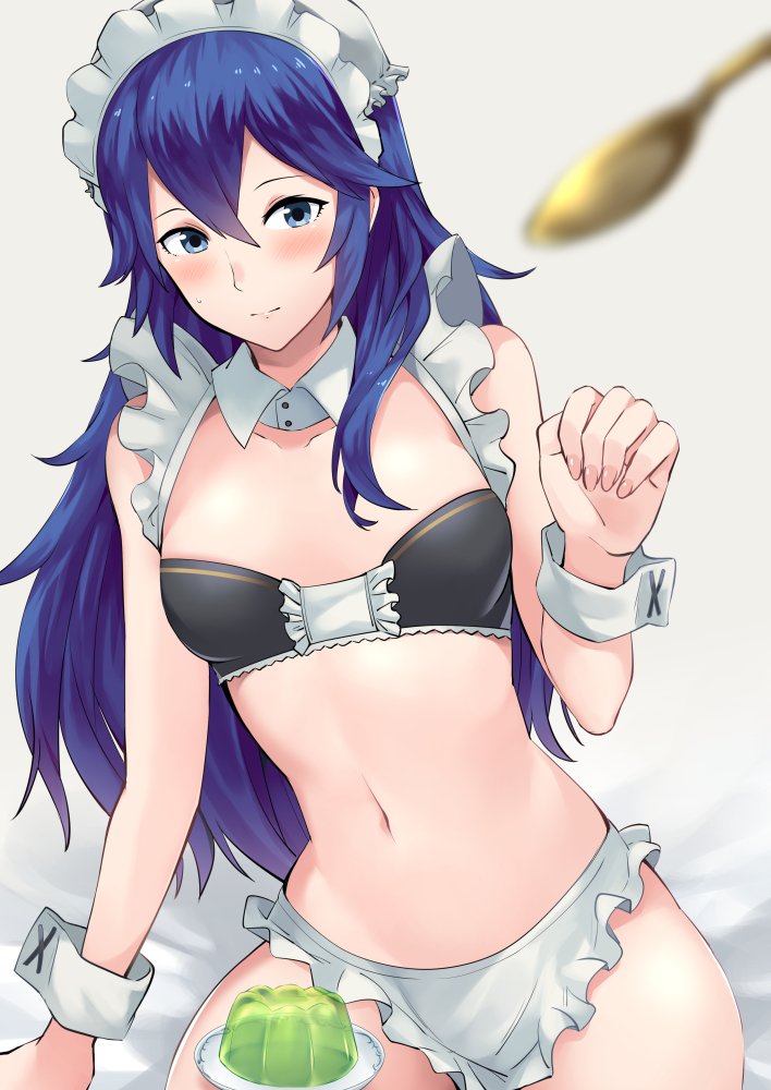 1girl a_meno0 apron bare_arms bed_sheet bikini black_bra blue_eyes blue_hair blurry_foreground blush bra breasts closed_mouth collarbone commentary_request detached_collar fingernails fire_emblem fire_emblem:_kakusei fire_emblem_awakening fire_emblem_heroes food frill_trim gelatin grey_background hair_between_eyes hand_up intelligent_systems long_hair looking_at_viewer lucina maid maid_apron maid_bikini maid_headdress midriff navel nintendo plate shiny shiny_hair simple_background sitting small_breasts solo spoon strapless strapless_bra super_smash_bros. sweatdrop underwear wrist_cuffs