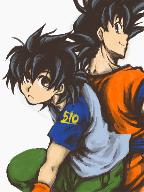 2boys black_eyes black_hair blue_shirt brown_eyes dragon_ball dragonball_z expressionless father_and_son green_pants happy hotate_(suikaneko) looking_back male_focus multiple_boys number number_pun older pants profile shirt short_hair simple_background smile son_gokuu son_goten spiky_hair white_background wristband