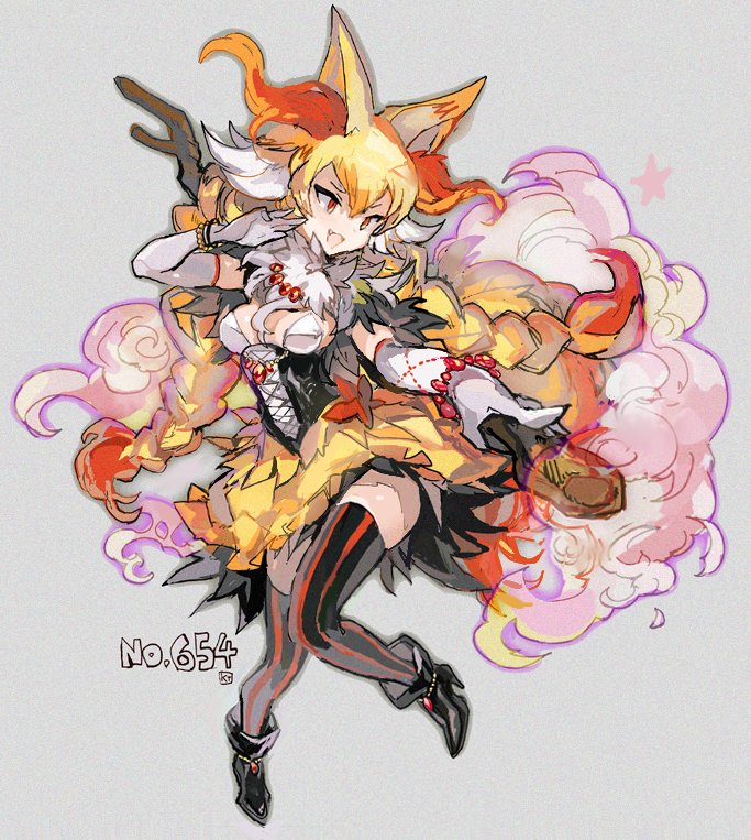 1girl animal_ears ankle_boots black_legwear blonde_hair boots bracelet braid braixen breasts bubble_skirt commentary_request corset creatures_(company) elbow_gloves fang fox_ears fox_tail full_body game_freak gen_6_pokemon gloves high_heel_boots high_heels jewelry kantarou_(8kan) long_hair medium_breasts multicolored_hair necklace nintendo open_mouth pearl_necklace personification pokemon red_eyes skirt solo staff striped striped_legwear tail thigh-highs twin_braids two-tone_hair very_long_hair white_gloves white_hair