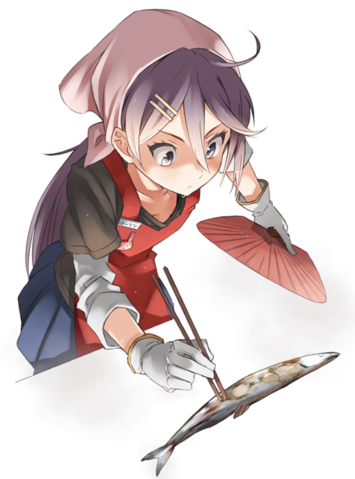 1girl akebono_(kantai_collection) apron bandanna black_skirt blue_skirt chopsticks commentary_request cowboy_shot fan fish flower gloves hair_flower hair_ornament kantai_collection long_hair pleated_skirt purple_hair sakura_(medilore) saury side_ponytail skirt solo very_long_hair violet_eyes white_gloves