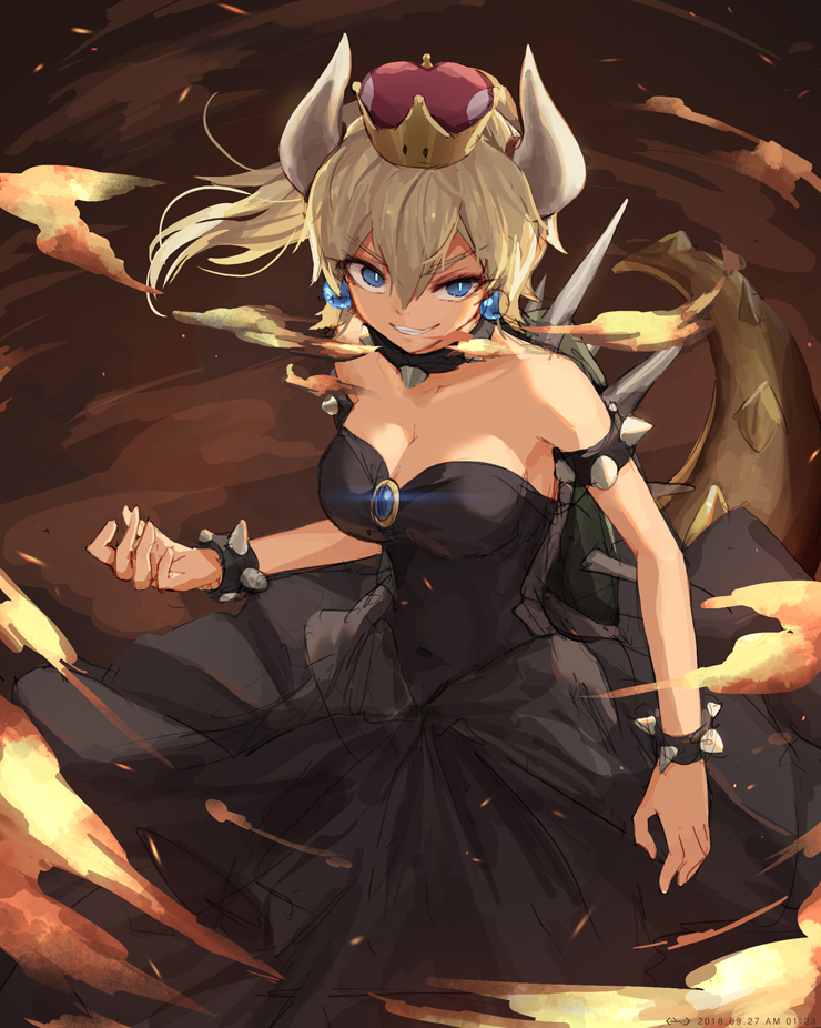 1girl bare_shoulders black_dress black_nails blonde_hair blue_pupils bowsette bracelet breasts breathing_fire brooch cleavage collar dress fire grin horns jakoujika jewelry large_breasts light_blue_eyes long_hair looking_at_viewer super_mario_bros. nail_polish new_super_mario_bros._u_deluxe nintendo ponytail sharp_nails smile solo spiked_bracelet spiked_collar spikes strapless strapless_dress