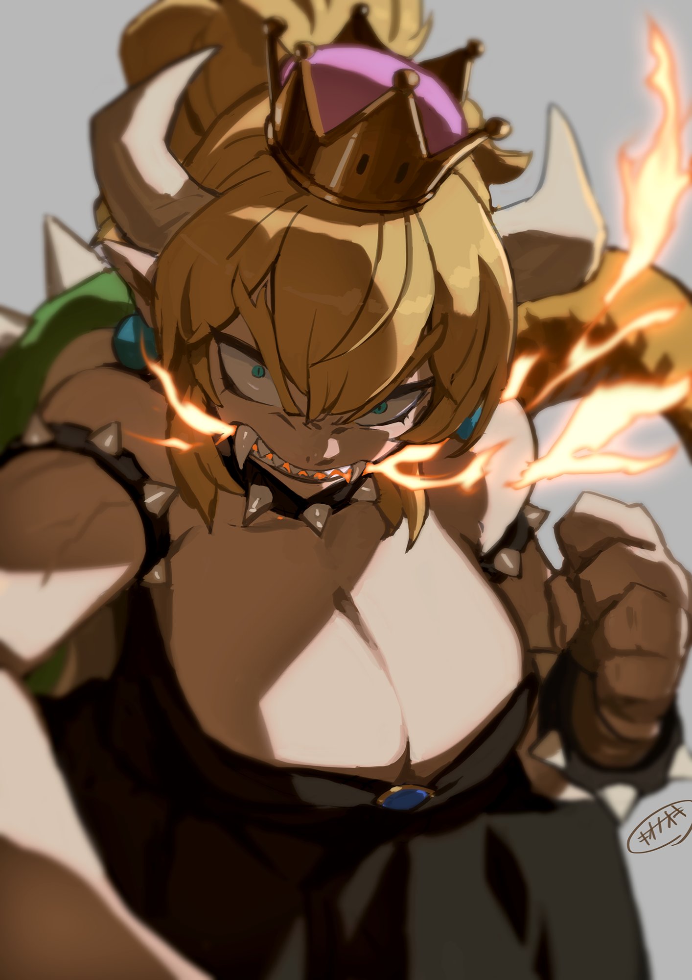 1girl aiming_at_viewer angry bangs black_dress blonde_hair blue_earrings blue_eyes blurry blurry_background bowsette bracelet breasts breathing_fire brooch cleavage clenched_hand collar crown dress fangs fangs_out fire genderswap genderswap_(mtf) hair_between_eyes highres horns huge_breasts jewelry kio_naoki koopa_shell large_breasts light long_ponytail looking_at_viewer new_super_mario_bros._u_deluxe nintendo ponytail pov pov_hands sharp_teeth sidelocks signature slit_pupils solo spiked_armlet spiked_bracelet spiked_collar spiked_shell spikes strapless strapless_dress super_crown super_mario_bros. tail teeth thick_eyebrows veins